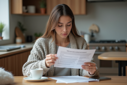 Jeune femme lisant un document d'assurance dans sa cuisine