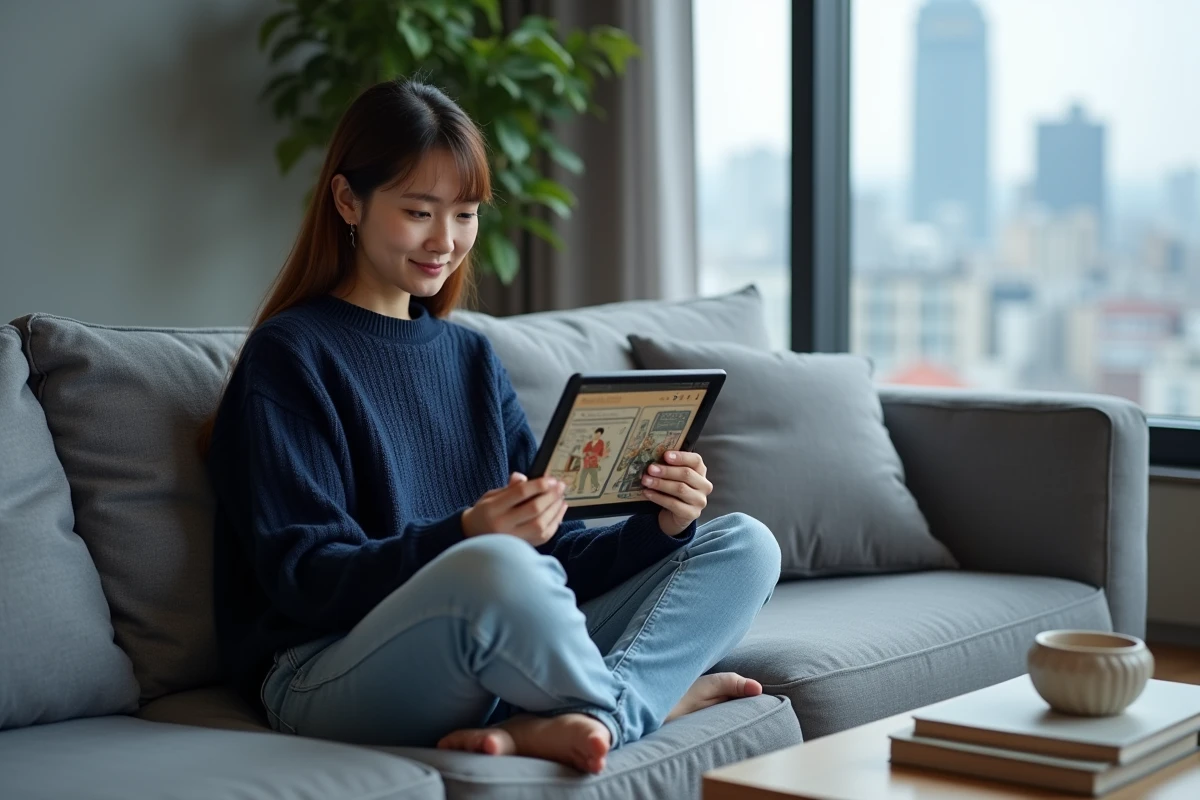 Femme lisant un manga en scantrad sur une tablette dans un appartement moderne