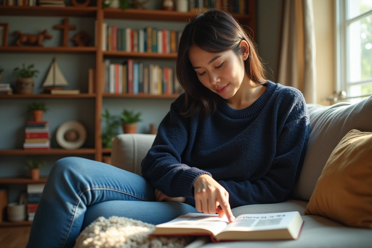 Femme discutant manga dans un salon cosy