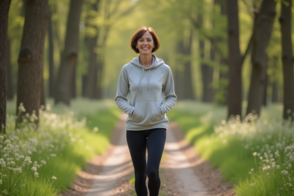 Femme souriante marche dans la forêt au printemps