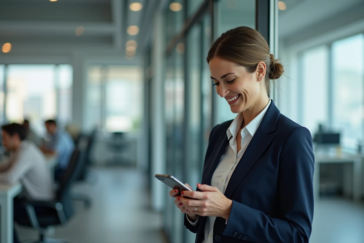 Femme souriante en train d'envoyer un message humoristique sur WhatsApp dans un environnement de bureau moderne