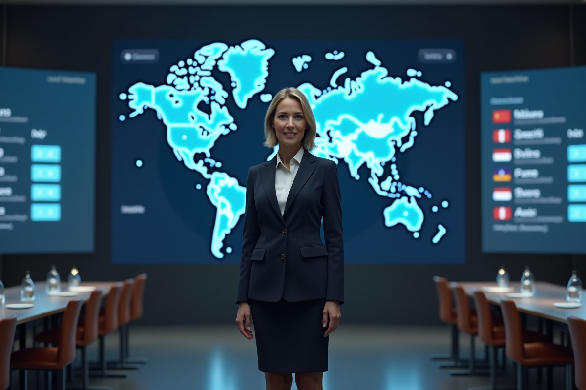 Femme officielle gouvernementale devant une carte du monde interactive