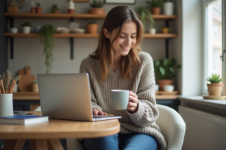 Jeune femme compare options d'assurance habitation en ligne