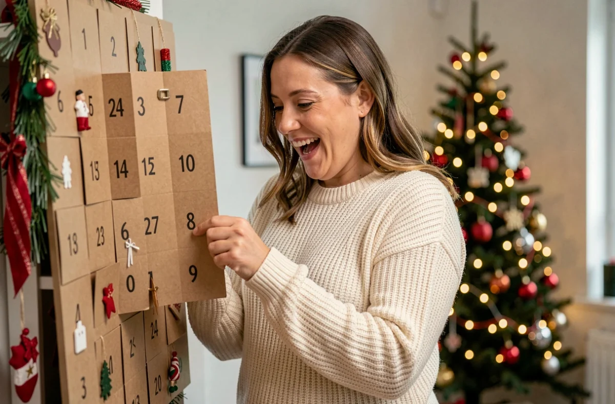 Femme souriante ouvrant une case du calendrier de l'avent FDJ 2026 dans un salon décoré pour Noël