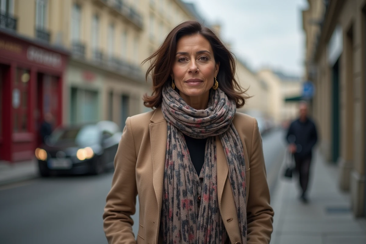 Femme nord-africaine élégante dans une rue parisienne au printemps