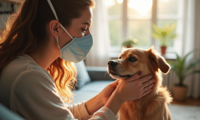 Jeune femme portant un masque allergie caressant son chien