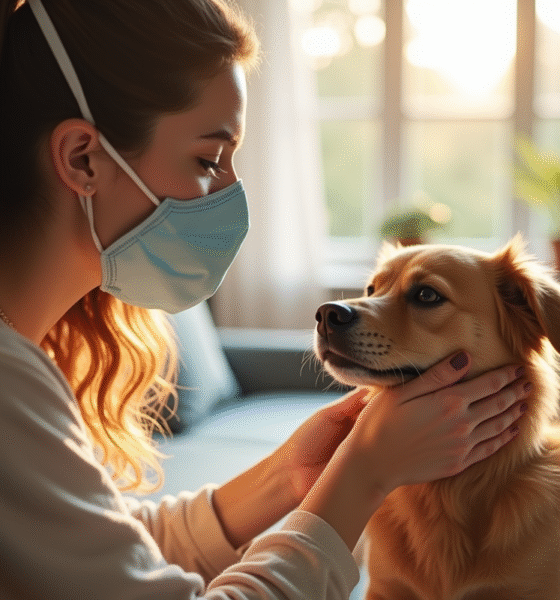 Jeune femme portant un masque allergie caressant son chien