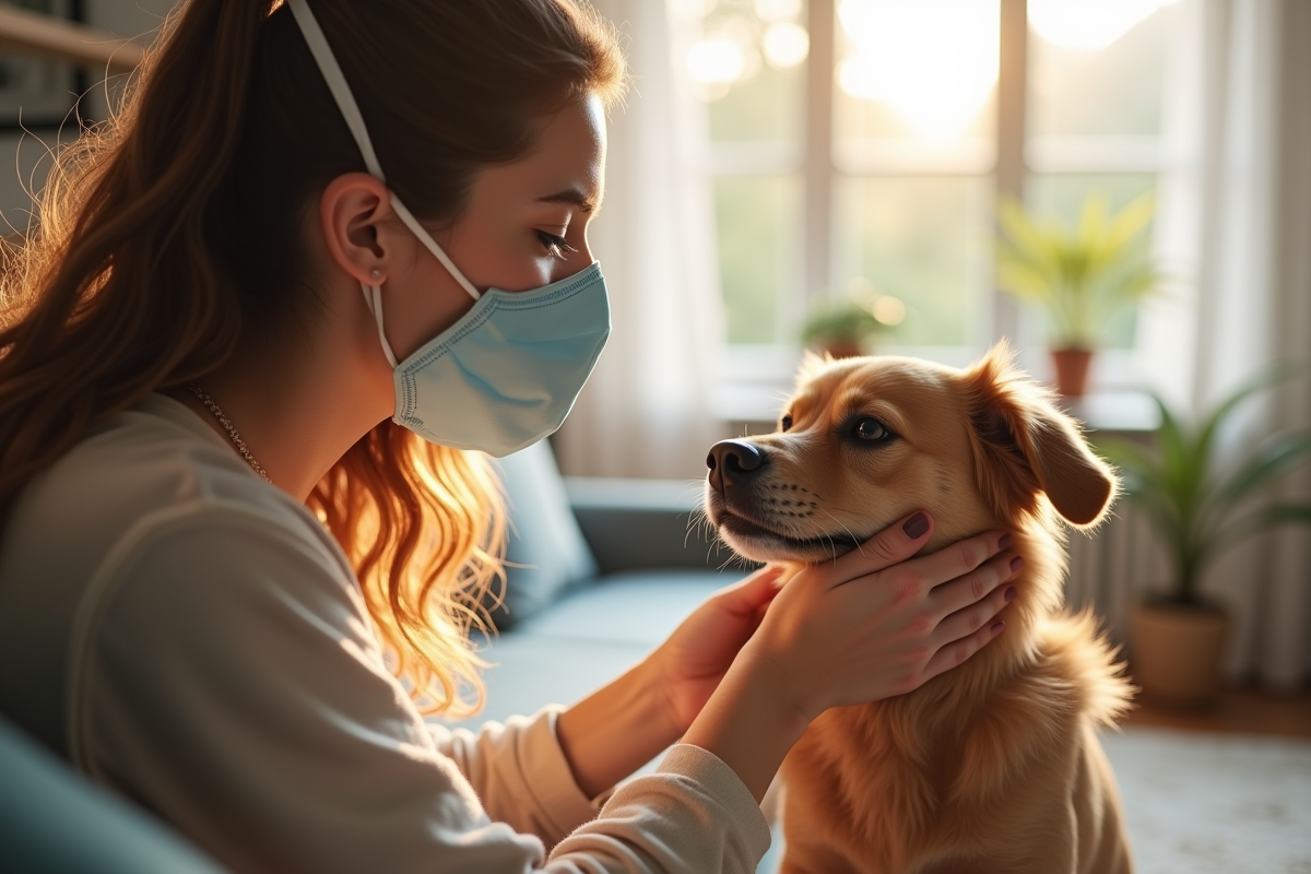 Jeune femme portant un masque allergie caressant son chien