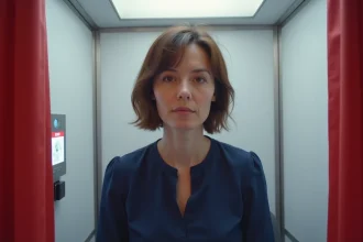 Femme assise dans un photomaton moderne en centre commercial, prête à prendre des photos d'identité