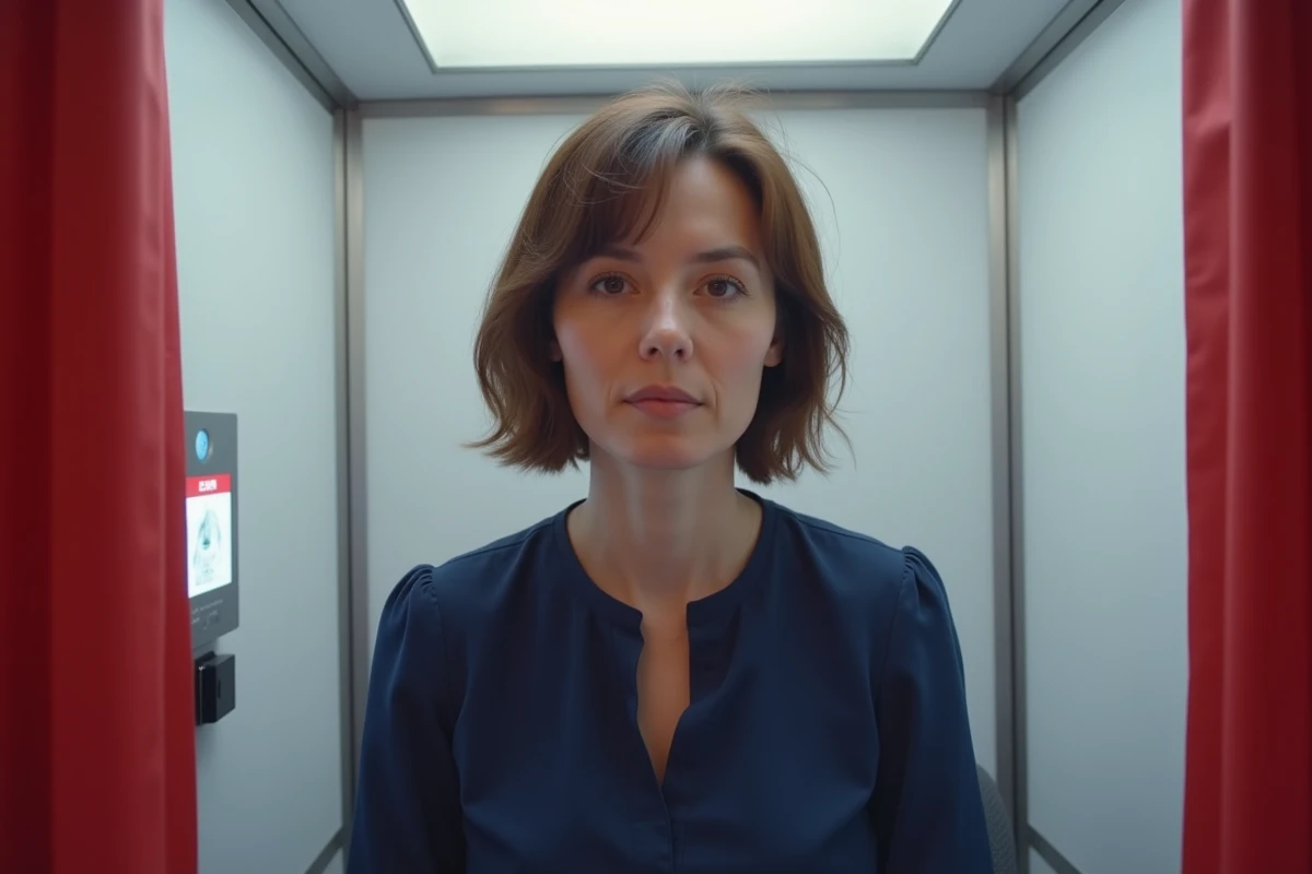 Femme assise dans un photomaton moderne en centre commercial, prête à prendre des photos d'identité