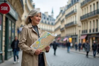 Femme consultant un plan de Paris imprimé avec les arrondissements colorés sur un trottoir parisien