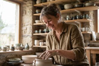 Femme souriante façonnant une bol en argile dans un atelier
