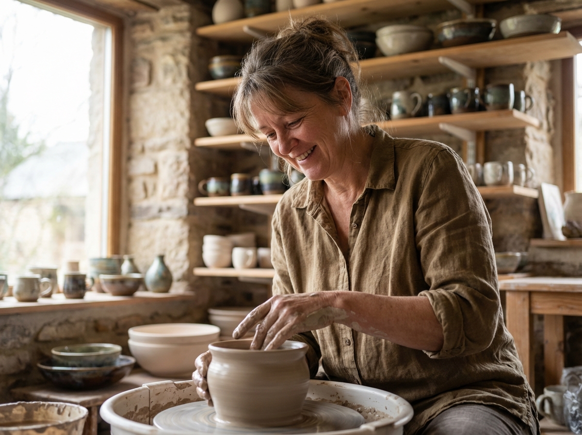 Femme souriante façonnant une bol en argile dans un atelier