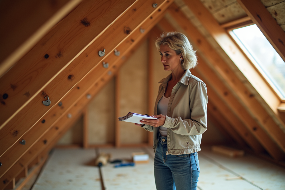 Femme vérifiant des crochets de toit dans un grenier lumineux