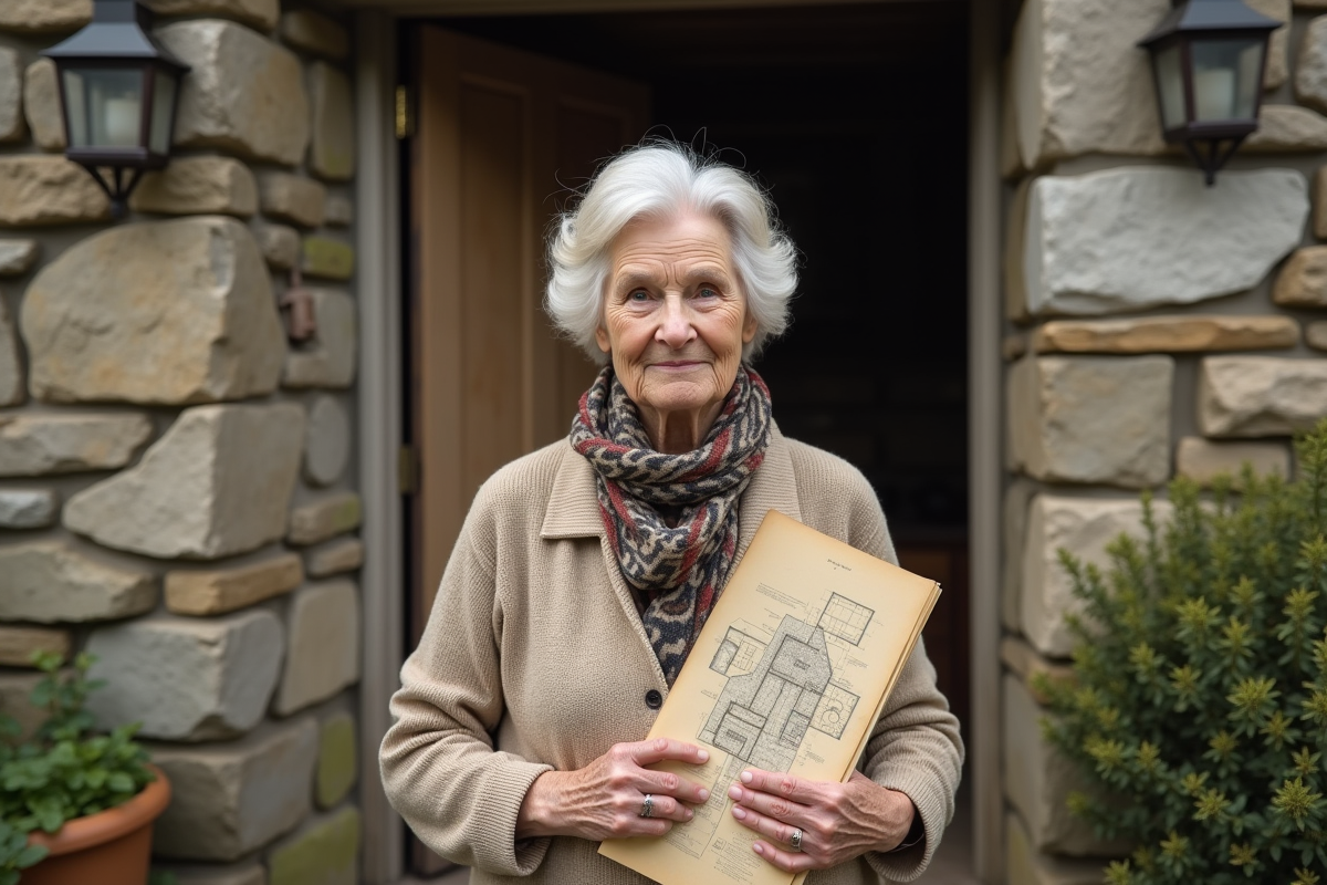 Femme âgée devant sa maison en pierre tenant des documents architecturaux