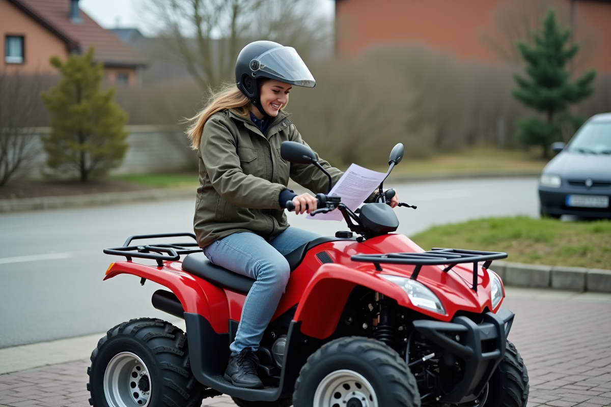 Femme vérifiant un document sur un quad en parking urbain