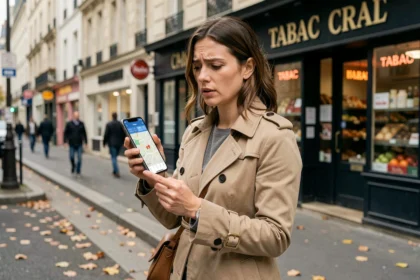 Femme cherchant un point relais Chronopost sur son smartphone dans la rue en ville