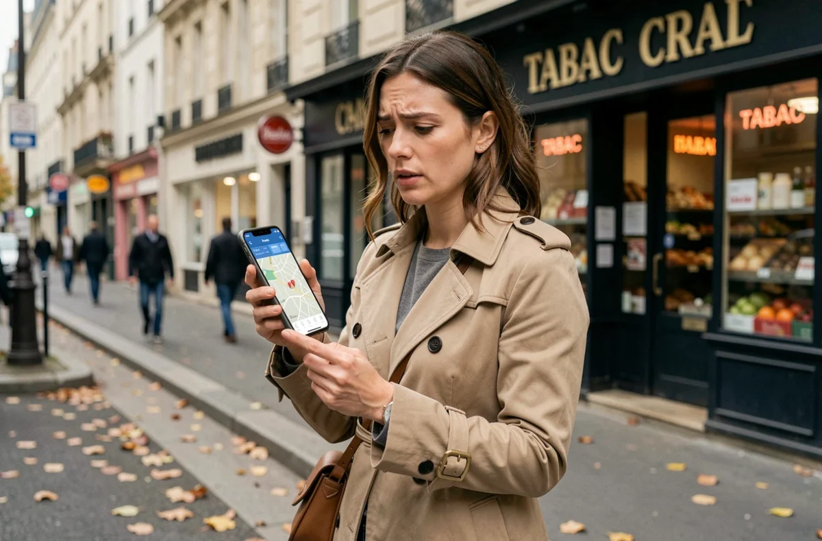 Femme cherchant un point relais Chronopost sur son smartphone dans la rue en ville