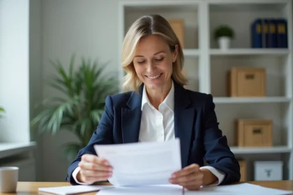 Femme professionnelle relisant une lettre administrative imprimée dans un bureau à domicile bien organisé