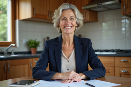 Femme d'environ 55 ans souriante dans sa cuisine