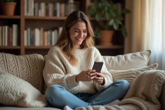 Jeune femme riant en lisant des messages humoristiques sur son smartphone dans un salon chaleureux