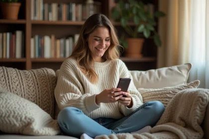Jeune femme riant en lisant des messages humoristiques sur son smartphone dans un salon chaleureux