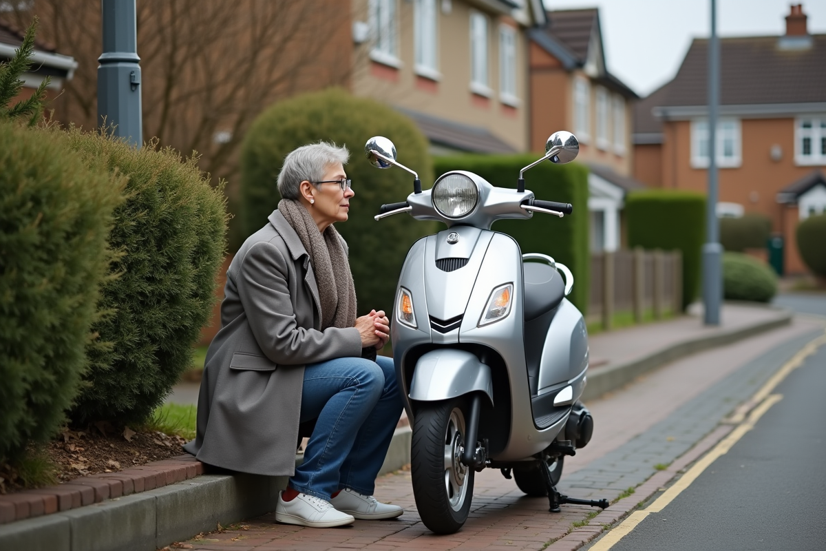 Femme assise avec son scooter dans un quartier résidentiel