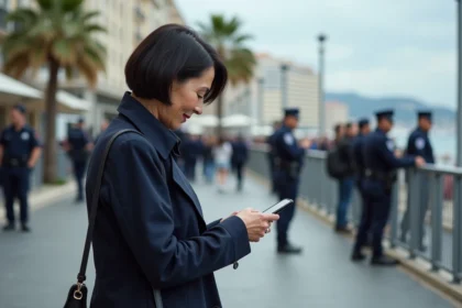 Femme vérifiant son smartphone près de la promenade à Cannes