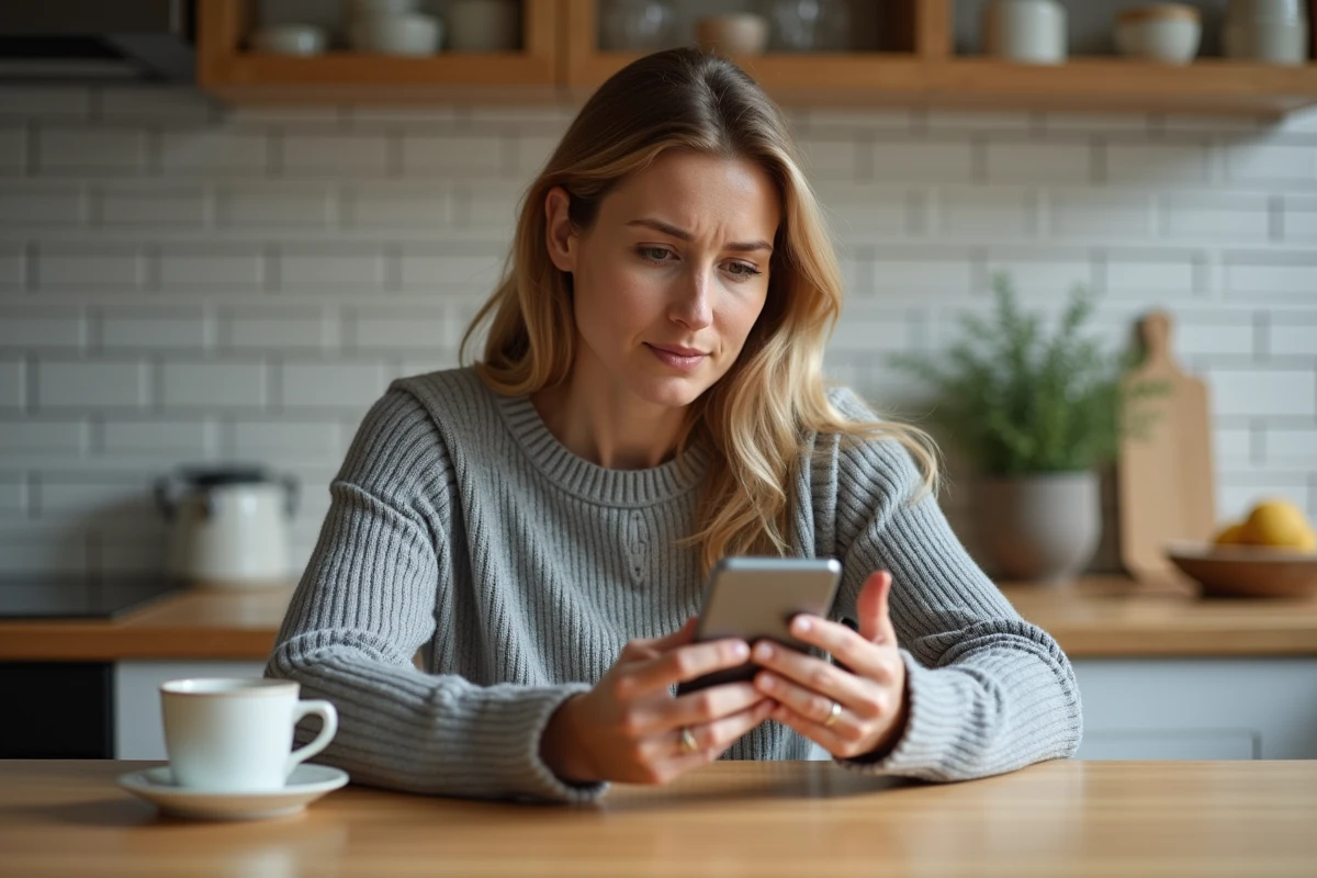 Femme consultant un numéro inconnu avec indicatif +41 sur son smartphone dans une cuisine moderne