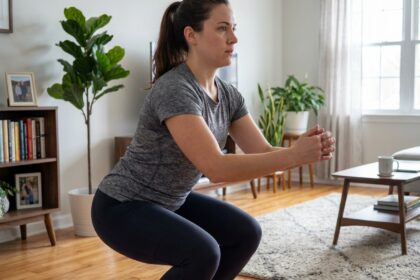 Jeune femme faisant des squats à la maison