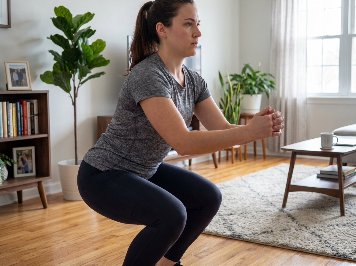 Jeune femme faisant des squats à la maison