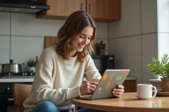 Jeune femme souriante utilisant une tablette pour un entraînement cérébral