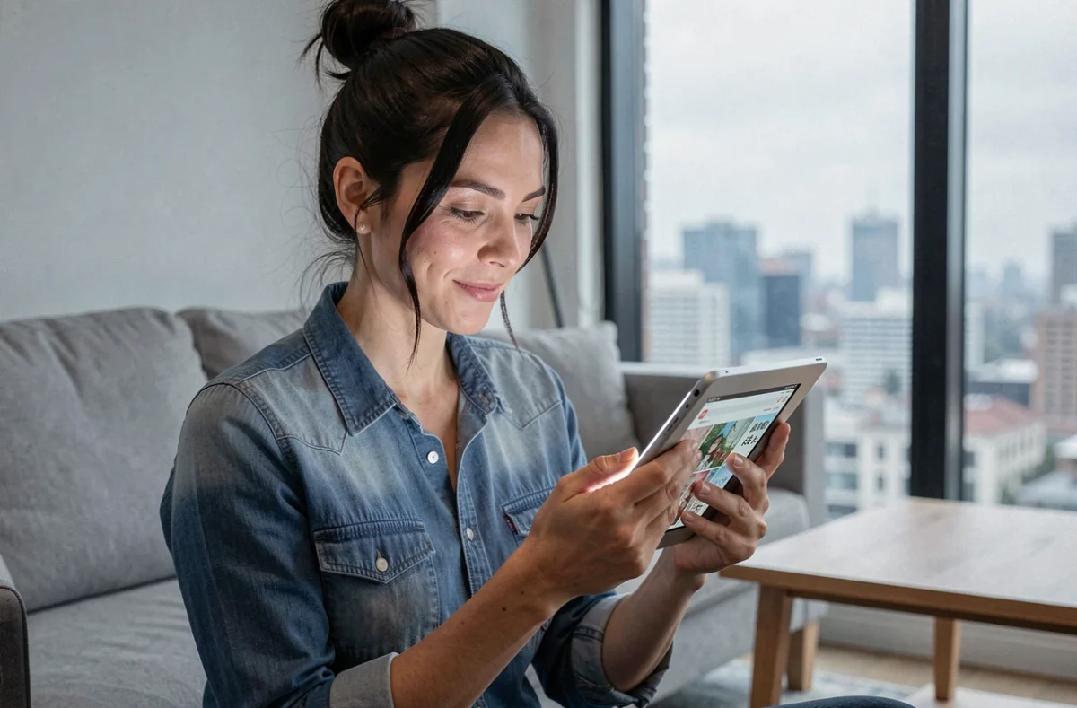 Femme utilisant une tablette pour lire des scans manga sans interruptions publicitaires