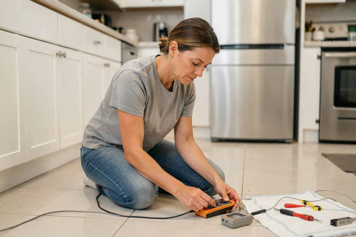 Femme effectuant un test de continuité sur le câble d'alimentation d'un appareil électroménager dans une cuisine moderne