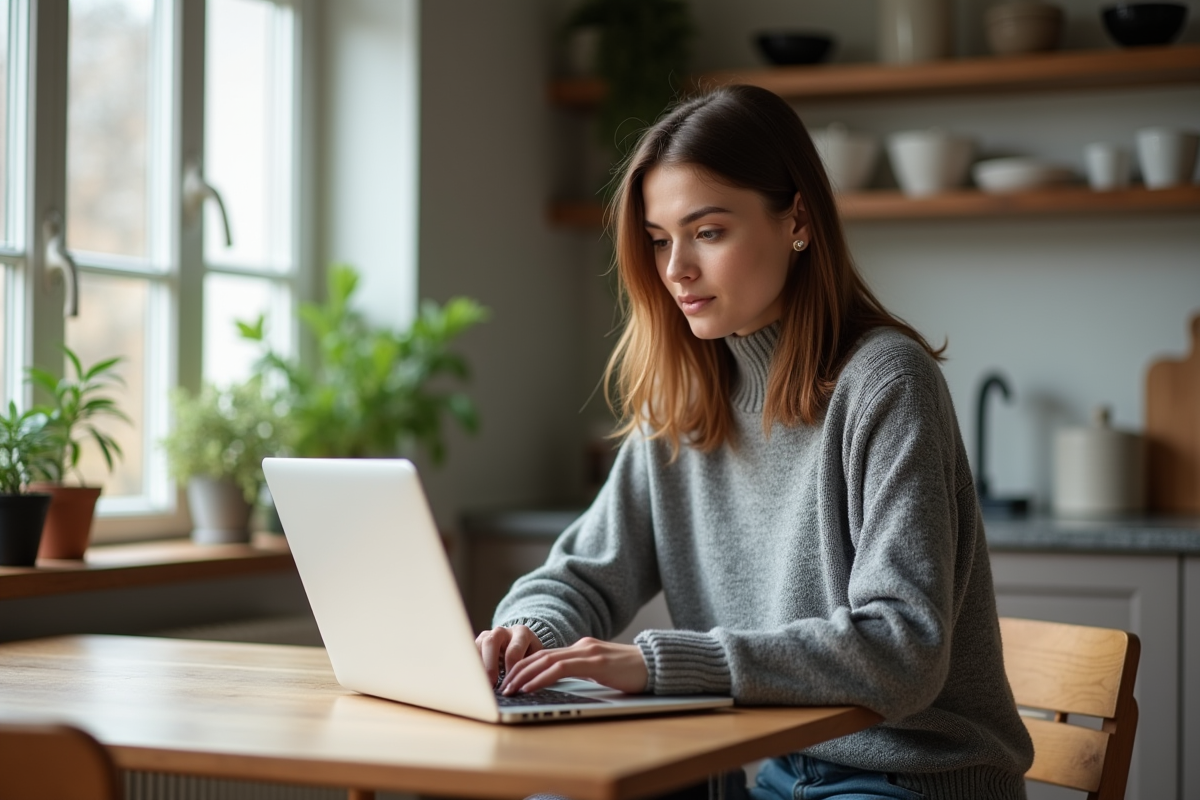 Jeune femme au laptop dans une cuisine moderne