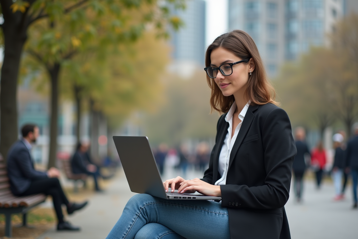 Jeune femme travaillant sur son ordinateur dans un parc urbain animé