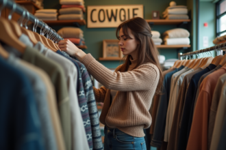 Femme inspectant un vêtement dans une boutique de seconde main
