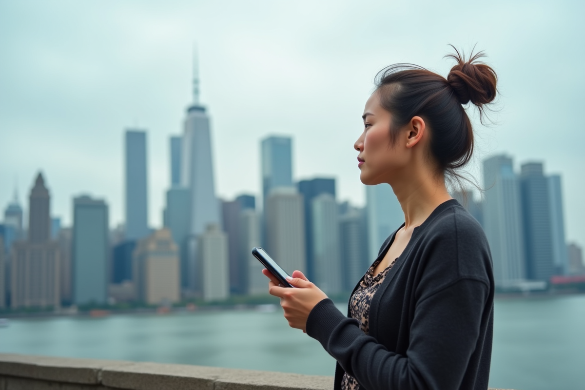 Femme regardant la ville avec son smartphone en extérieur