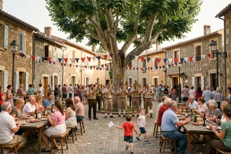 Fête de village en Aveyron avec fanfare et habitants attablés sur une place en pierre