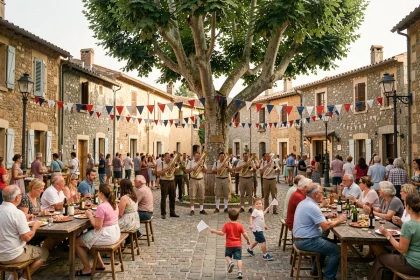 Fête de village en Aveyron avec fanfare et habitants attablés sur une place en pierre