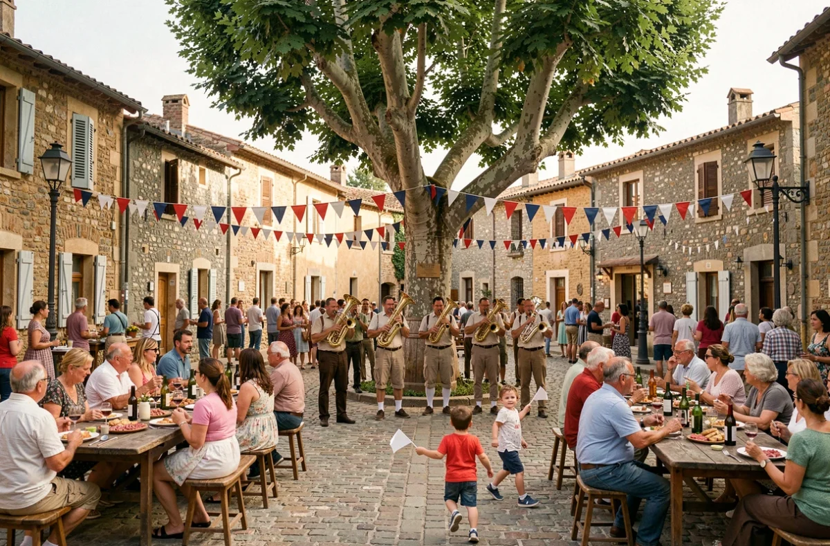 Fête de village en Aveyron avec fanfare et habitants attablés sur une place en pierre
