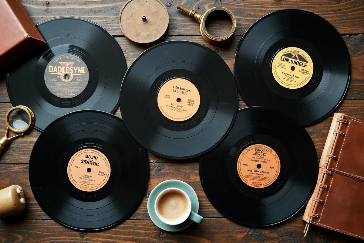 Flat lay de six disques 78 tours aux étiquettes de genres musicaux variés sur une table en chêne ancien