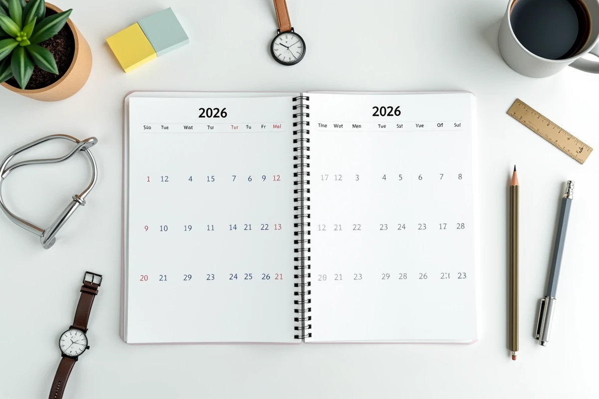 Vue de dessus d'un calendrier 2026 ouvert aux semaines paires avec accessoires de bureau sur fond blanc