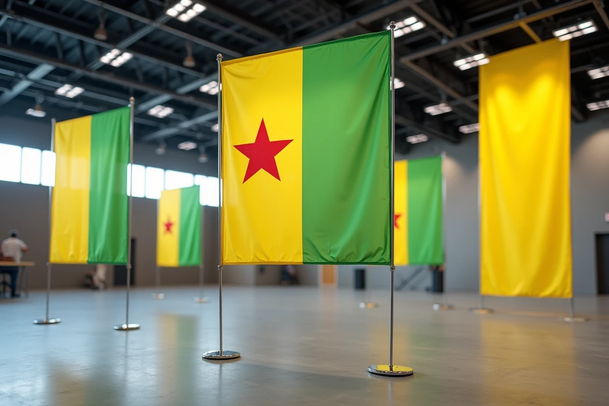 Plusieurs drapeaux jaune et vert à étoile rouge en différents formats exposés dans une salle d'événements professionnelle