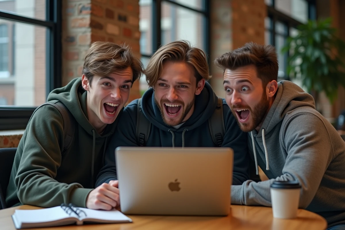 Groupe de jeunes gamers réagissant avec enthousiasme à un tournoi Fortnite en streaming sur un campus universitaire