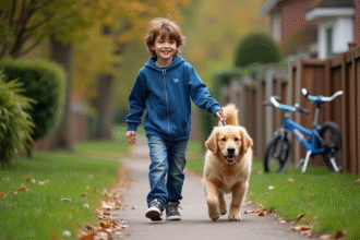 Garçon de 12 ans avec chien dans une rue résidentielle