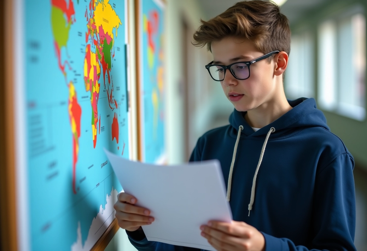 Garçon étudiant lisant fiche mémo dans le couloir scolaire