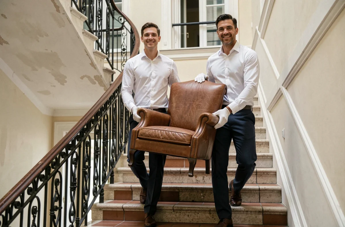 Deux déménageurs élégants en tenue professionnelle descendant un fauteuil en cuir vintage dans un escalier d'immeuble haussmannien