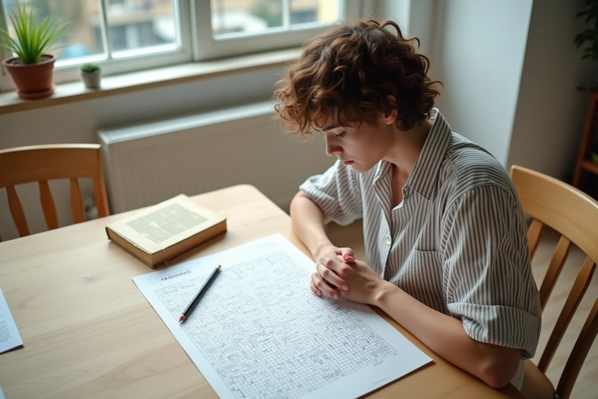 Jeune adulte résolvant une grille de mots croisés Codycross posée sur une table avec un dictionnaire