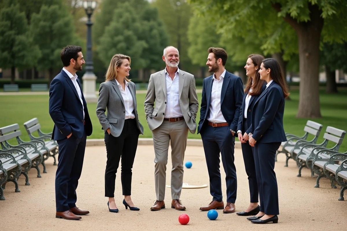 Groupe de professionnels discutant autour d'un terrain de pétanque à Paris